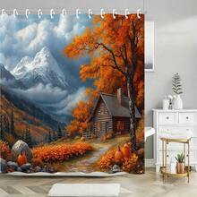 1Pc Mountain Cabin Autumn Shower Curtain - Snow Capped Peaks, Orange Fall Trees & Cozy Log Cabin, Nature Inspired Bathroom Decor,Bathtub Curtain, Machine Washable, Easy Hang, Great For Mountain Lovers & Cabin Style Bathroom, Fits Well In Home & Vacation Rental! Orange Brown - 金色 - 查看 3