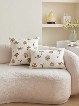 1pc 3D Embroidered Tree Linen Throw Pillow Cover, Suitable For Living Room, Bedroom, Party And Various Environments, All Season