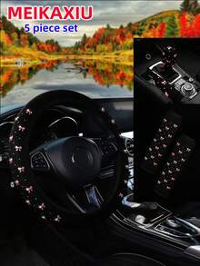 MEIKAXIU Bling Bling Bowknot Foil Decor Car Accessories Set, Including Steering Wheel Cover, Handbrake Cover, Gear Shift Cover, Shoulder Pad, Armrest Pad, Headrest Pad, Cup Holder Mat, Suitable For Women - Gold-stamped Small Bow - View 14