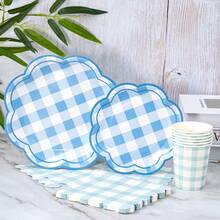 Blue Checkered Petal Shaped Disposable Plate, Napkin, Cup Set, Plates, Napkins And Cups Party Supplies, Serves 8 Guests, Disposable Paper Plates Party Tableware Suitable For Birthday, Wedding, Theme Party, Family Picnic - Multicolor - View 3