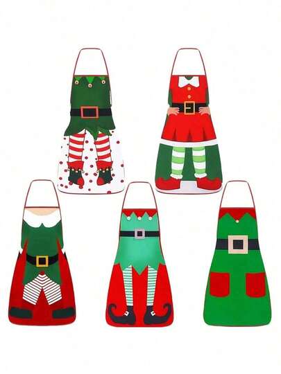 Ett set med 5 julförkläden, ett rött jultomteförklädesset, lämpligt för matlagning, frisörverksamhet och grillning för familj, vänner, par och julfestdekorationer