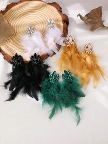 NAIZHU 1 Pair Stylish Luxury Sexy Exaggerated Feather & Rhinestone Earrings, Fashion Party Accessories, Random Feather Design