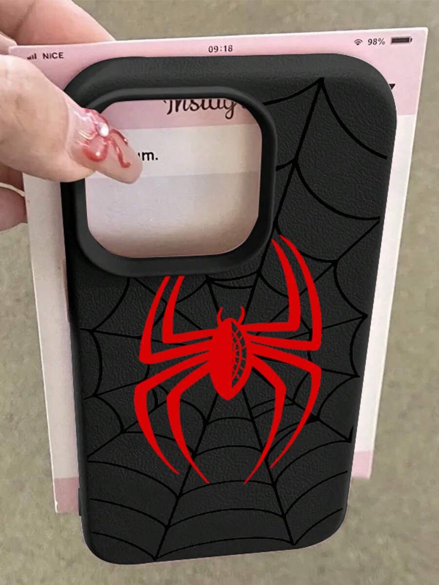 Personality Red Spider Pattern Compatible With Apple Phone 13/15/11/14/17/12/16/ProMax/Pro/Plus/Xs Max/XS/X,Antiskid Silicone Soft Case Four Corner Anti Fall Phone - 黑色 - 查看 1