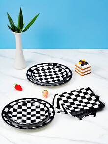 8件套黑白格纹弧形一次性餐盘和餐巾纸套装，适合8位客人使用，一次性纸盘，派对餐具，适用于生日、婚礼、主题派对、家庭野餐等场合。 - 彩色 - 查看 5