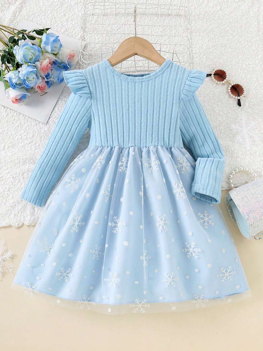 女童拉绒罗纹盖袖圆领长袖雪花网眼连衣裙，秋冬 - 淺藍色 - 查看 1