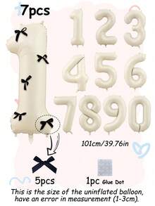 1set 40-Inch White Black Bow-Adorned Number Balloon Decorations, Pink 0-9 Number Aluminum Balloon Decorations, Suitable For Birthdays, Parties, Valentine's Day, Anniversaries, Weddings, Background Room Decorations, Bow-Adorned Numbers, And New Year Decorations. - Milky White and Black - View 2