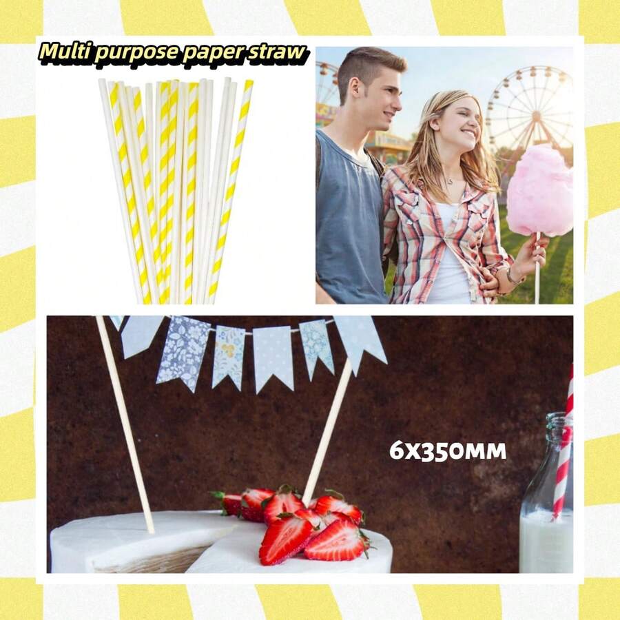 100 قش عصا المارشميلو، مناسب لديكور حفلات العطلات والاكسسوارات الحفلات، قطر 35 سم متعدد الأغراض قرن الحلوى، عصا ورقية للمارشميلو، قش ورقي، مناسب للأعياد والأعراس والحفلات والمهرجانات وصنع المارشميلو، متوفر باللونين: أبيض نقي أو أبيض مخطط باللون الأصفر - متعدد الألوان - مشاهدة 1
