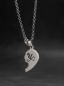 2pcs Fashionable Hollow Heart & Letter Stainless Steel Pendant Necklace, Adjustable Clasp, Suitable For Couples Everyday Wear, Valentine's Day Gift For Boyfriend/Girlfriend - Silver - View 3