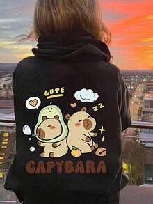 Girls' Hooded Sweatshirt With Capybara Print On Back, Suitable For Back To School Season And Casual Autumn/Winter Jacket, Machine Washable, Comfortable For Everyday Wear, Fashionable Design For School, Vacation, Shopping, And Sports - Black - View 8