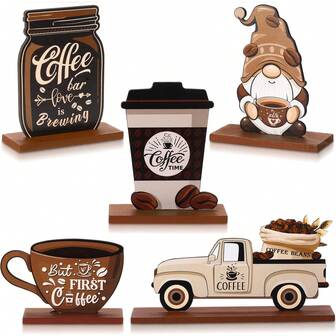 Juego de decoración vintage para cafetería - Figuras de gnomo y coche de madera, acentos de café con leche para la cocina, la sala de estar y el dormitorio - Regalo perfecto para las fiestas