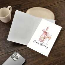 成人款优雅香槟生日贺卡 - “生日快乐”玫瑰金气泡酒杯设计（含信封） - 彩色 - 查看 7