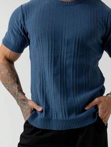 TRICOT DE LUXO Men's T-Shirt/Knit Sweater With Embossed Details, Chic, Lightweight, Textured, High Quality, Spring, Summer, Autumn - 霧霾藍 - 查看 4