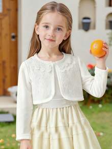 女婴蕾丝披肩，婴儿开衫，小女孩新款外套，黑白配色，百搭蕾丝开衫，纯色公主裙外套，节日礼物 - 白色 - 查看 1