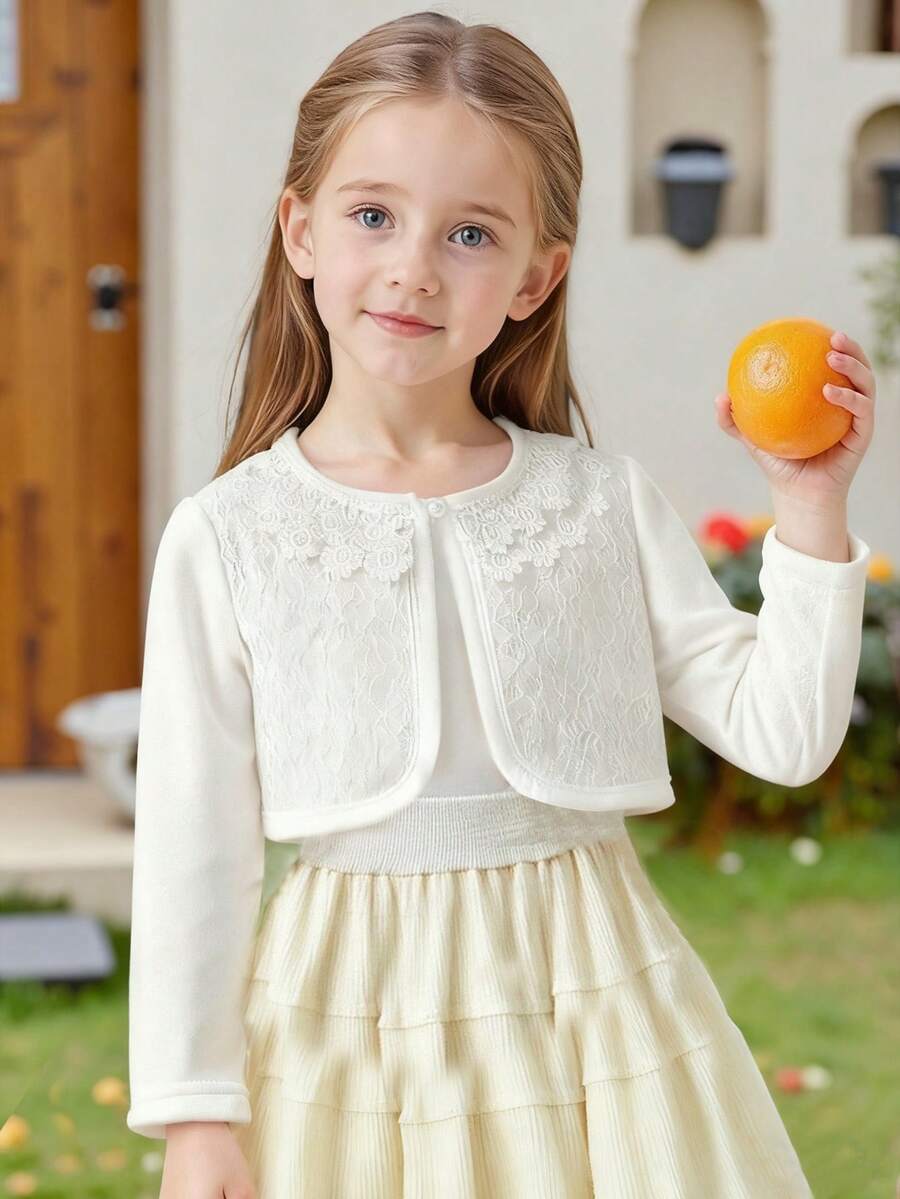 女婴蕾丝披肩，婴儿开衫，小女孩新款外套，黑白配色，百搭蕾丝开衫，纯色公主裙外套，节日礼物 - 白色 - 查看 1