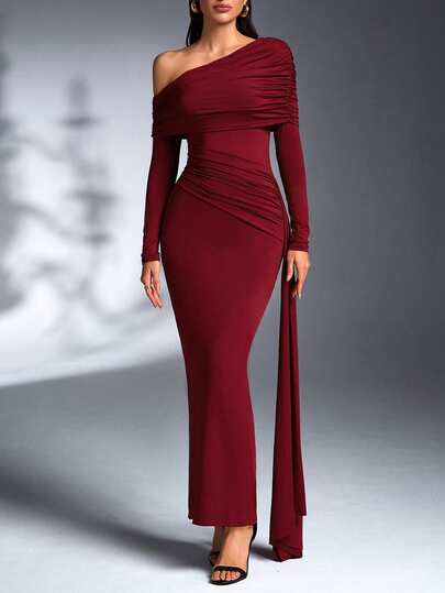 Asymmetrical Neck Long Sleeve Draped Bodycon Party Club Dress Wedding Birthday Club Dress Sexy Fall Dresses For Women Back To School Christmas Country Concert Outfit Party Night Out