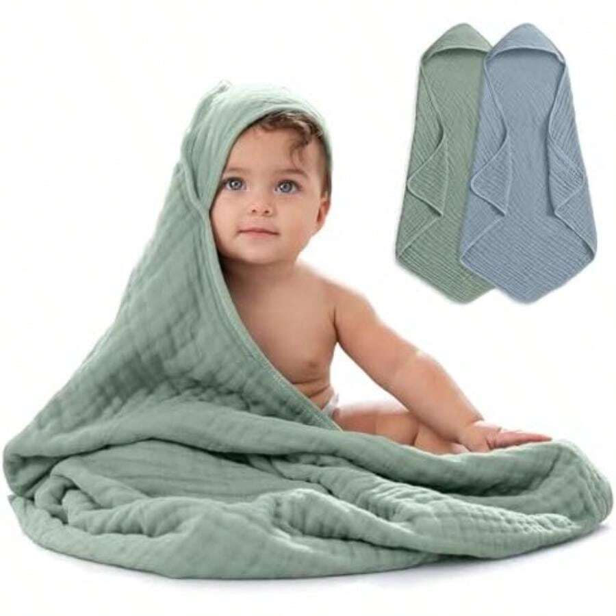 Toallas con Capucha para Bebé 2 Pzas, Grandes 81 x 81 cm – 6 Capas de Algodón Muselina 100% – Suaves y Absorbentes para Bebés, Niños y Niñas – Diseño Unisex(Azul Pacífico y Helecho Paquete de 2 - Bebé) - Multicolor - Ver 1