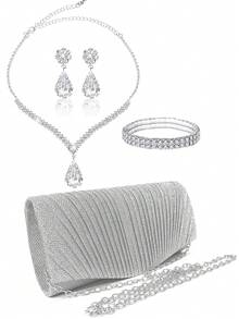 4 sztuki damskiej modnej, uniwersalnej, eleganckiej plisowanej torebki kopertówki, torebki wieczorowej, torebki na imprezę, luksusowego naszyjnika, kolczyków i bransoletki
