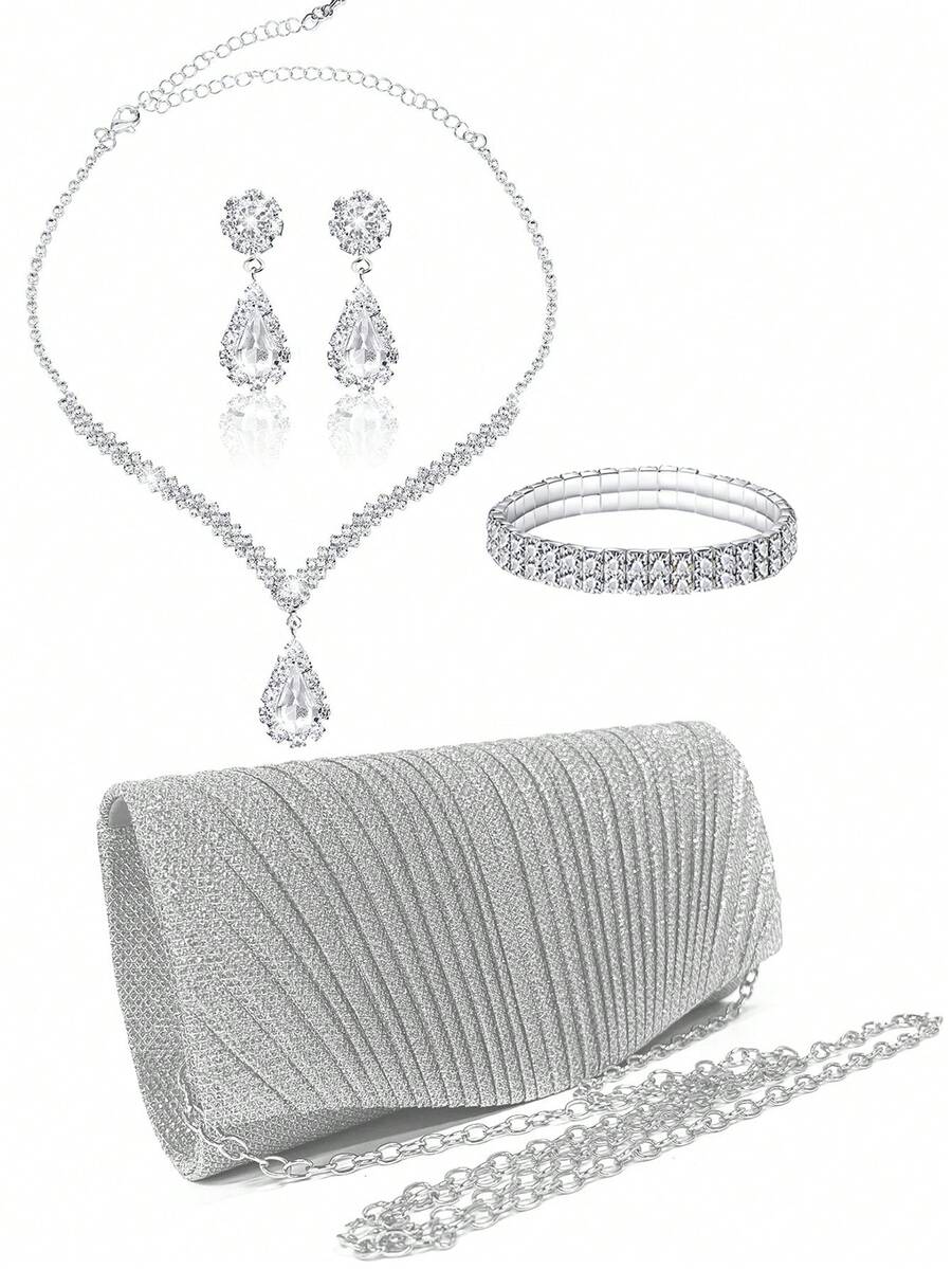 4 sztuki damskiej modnej, uniwersalnej, eleganckiej plisowanej torebki kopertówki, torebki wieczorowej, torebki na imprezę, luksusowego naszyjnika, kolczyków i bransoletki