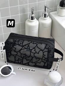 1个/3个装植绒爱心化妆包，大容量透明网眼化妆包带提手，便携式化妆刷收纳袋旅行洗漱包镂空口红零钱包化妆品收纳夏季旅行必备沙滩度假假期学校用品宿舍必备返校包沙滩包书包洗漱包旅行 - 黑色 - 查看 14