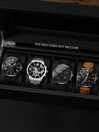 四款简约商务男士腕表，石英表，表盘设计多样（阿拉伯数字、罗马数字、机械风格等），引人注目。搭配金属和皮革表带（棕色、黑色及其他颜色），尽显时尚品味。