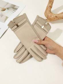 1pair Women's Burgundy Solid Color Casual Elegant Polyester (Polyester) Full Finger Gloves, Suitable For Autumn/Winter, Outdoor, Wedding - 米色 - 查看 6