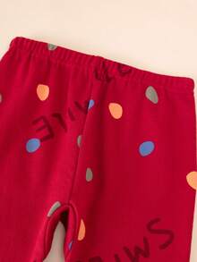 2pcs/Set Young Girls Smile And Polka Dot Pattern Pjs, Round Neck Long Sleeve Top And Pants Underwear Set, Cartoon Allover Print Loungewear For Winter & Autumn