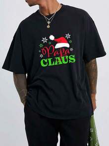 Sombrero de Navidad y estampado gráfico de 'Papa Claus', camiseta de manga corta para hombres para deportesal aire libreentrenamiento, moda casual de verano, camisetas de gran tamaño para hombres altos y grandes, ropa de hombre, tallas grandes long - Negro - Ver 1