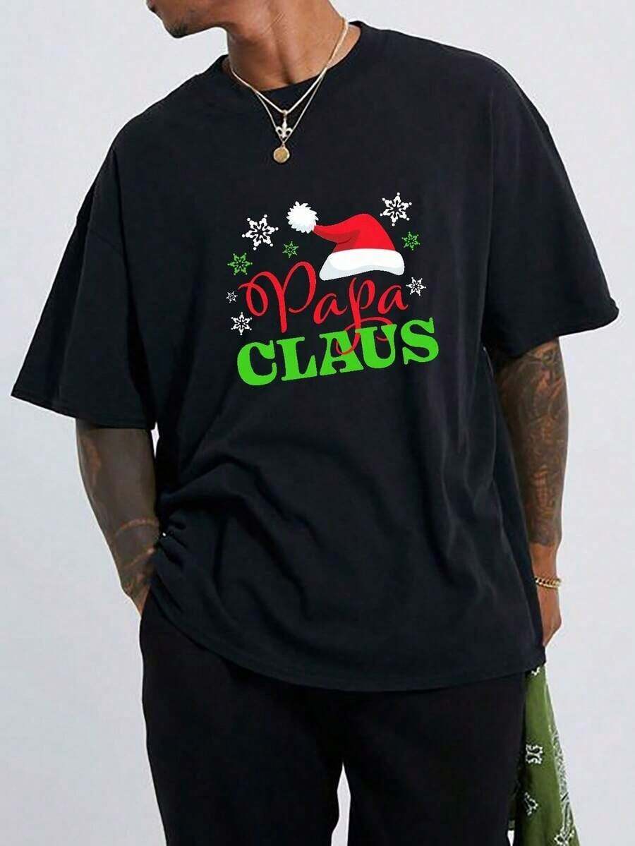 Sombrero de Navidad y estampado gráfico de 'Papa Claus', camiseta de manga corta para hombres para deportesal aire libreentrenamiento, moda casual de verano, camisetas de gran tamaño para hombres altos y grandes, ropa de hombre, tallas grandes long - Negro - Ver 1