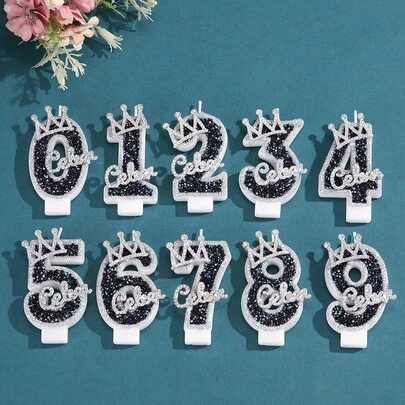 1pc Creative Digital Candle Crown Decoration Cake Decoration Candle, 0-9 Gray Black Shiny Digital Candle, Suitable For Birthday Cakes, Large Holiday Parties