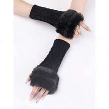 1pair Women's Coffee Colored Short Knitted Gloves With Exposed Fingertips, Winter Warm And Stylish - 黑色 - 查看 3