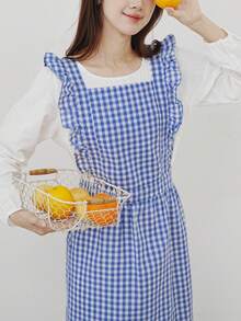 1件复古风女士加大码荷叶边围裙，2个口袋，可调节褶皱系带罩衫，适合家庭清洁/厨房烘焙/户外活动/餐厅、咖啡馆、花店、艺术工作室、美容院和其他工作场所。 - 彩色 - 查看 21