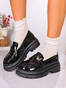 时尚圆头平底鞋，适合女孩、青少年学生，黑色平底皮鞋，优雅舒适，适合派对和日常穿着。