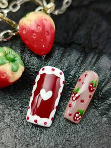 10pcs Baroque Style Acrylic Nail Tips, DIY French Y2K Manicure, Pink, Red, Light Blue, Brown, Shiny Nails, 3D Handmade Starfish & Shell Decor, 3D Hand-Painted Wavy Cherry, 3D Colorful Carved Flower Acrylic Nail Art, Suitable For Christmas, Girls Nail Art Set, Includes Gel Stickers And Nail File - 紅色 - 查看 6