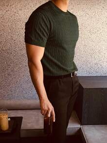 Men's Casual Short-Sleeve Solid Color Knit Top - Dark Green - View 4