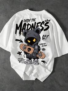 Men's "Enjoy The Madness" Streetwear T-Shirt - Oversized Style With Bear And Skateboard Print, Crew Neck For Urban Fashion And Skate Culture (Machine Washable) - 白色 - 查看 3