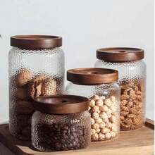 1pc Rosewood Lid Hammered Texture Tea Canister, High Borosilicate Glass Airtight Jar, Coffee Bean Storage Container, Transparent Organizer Bottle - Multicolor - View 6
