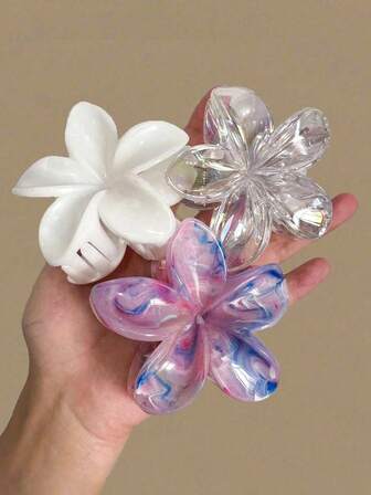 3pcs Women's Colorful Pink, Magenta, Transparent White Gradient Flower Large Lightweight Plastic Hair Clips, Fashion Versatile High-End Elegant Simple Solid Color Hair Claws, Suitable For Daily, Casual, Party, Commute, Beach, Vacation Claw Clips Winter Hair Accessories Causal Hair Clutch