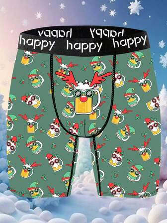 淘气可爱居家休闲男士长款平角内裤，圣诞图案定位印花，牛奶丝针织面料，柔软亲肤，速干透气，圣诞礼物，1条装男士新奇短裤