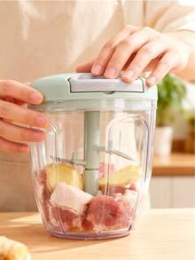 1pc Solid Color Pull-Type Extra Large Food Chopper, Multi-Function Kitchen Garlic Press, Vegetable Chopper, Manual Chopper, Garlic Mincer, Various Garlic Mincing Tools, Garlic Grinder, Garlic Press, Rope-Pull Manual Food Processor, Fruit & Garlic 2-In-1, Rotating Mixer, Cooking Accessory, Kitchen Tool, Equipped With 5 Sharp Blades For Chopping Onions, Chili Peppers, Ginger, Etc.