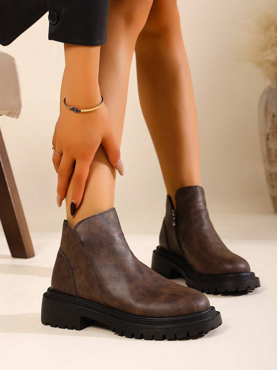 Women's Retro Minimalist Ankle Boots With Side Zipper Design, Round Toe, Lightweight, Suitable For Outdoor, Casual Solid Color Short Boots With Soft Non-Slip Soles, All Season - Brown - View 1