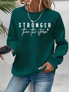 Winter Clothes For Women Christmas Outfit Women2025Women's "STRONGER Than The Storm" Motivational Crew Neck Sweatshirt - Vibrant Green Casual Pullover With Heart Accents, Cozy Fall Winter Machine-Washable Top, Ladies SweatshirtsSoft And BreathableLoose And Comfortablesudaderas De Mujer - 黑色 - 查看 7