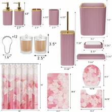 Bathroom Set - 26PC Bathroom Set With Shower Curtain And Rugs, Bathroom Accessory Set, Pink Bathroom Accessories Set, Trash Can Soap Dispenser - Pink + Bath Set+Shower Curtain+Bath Rug - View 4