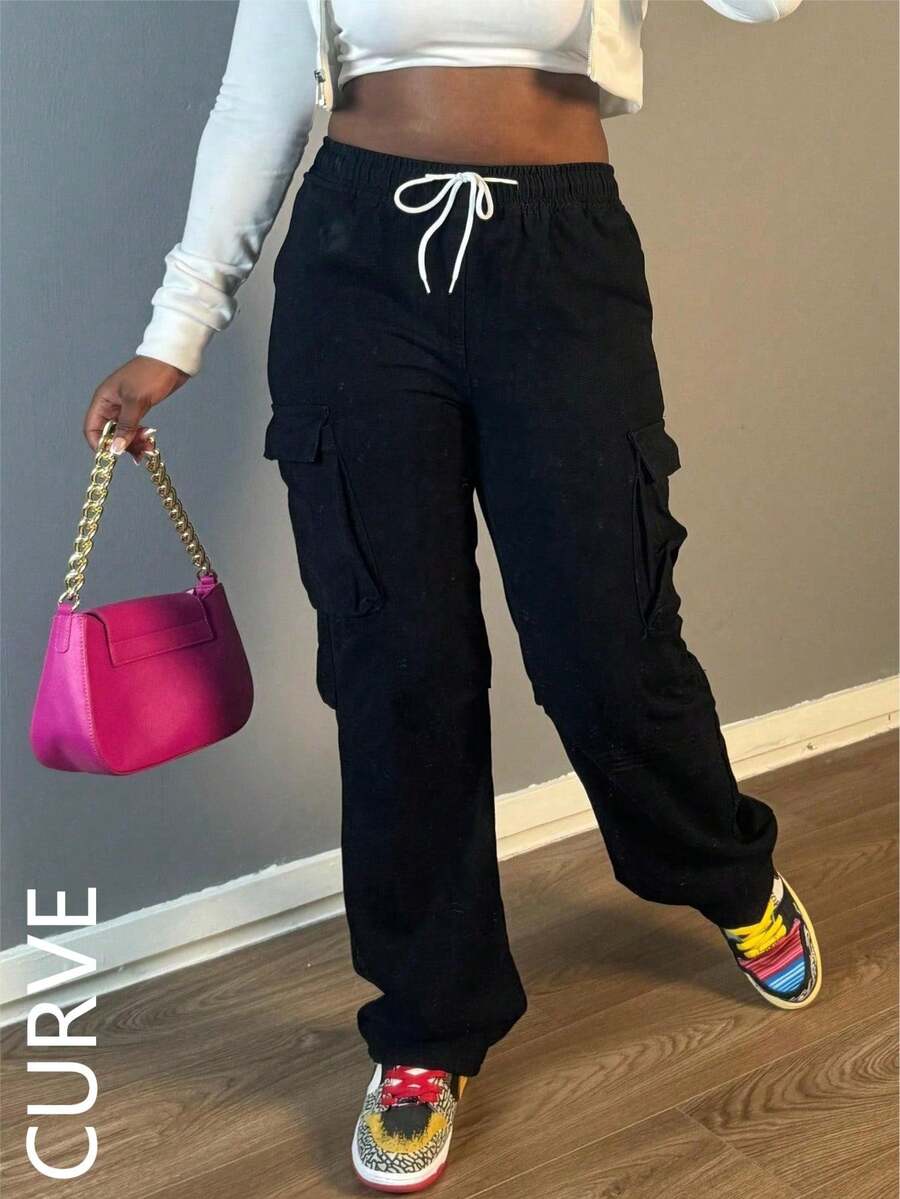 WGXWGX Plus-Size Women's Casual And Versatile Black Cargo Jeans With Side Pockets, Elastic Waistband, Drawstring, Loose Straight Leg, Non-Stretch, Machine Washable, Suitable For Everyday Wear, Commuting, And Work. - màu đen - Xem 1