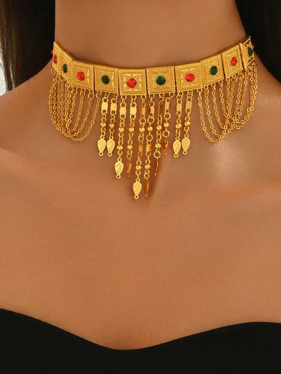 1pc Vintage Copper Rhinestone Tassel Pendant Necklace, Gold Color, For Women, Bridal, Wedding, Party