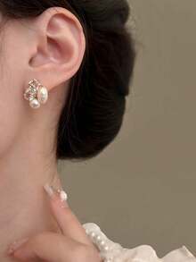 1 Pair Elegant Luxury Rhinestone & Pearl Inlaid Fashion Earrings, Suitable For Women's Daily, Party, Ball, Holiday Wear