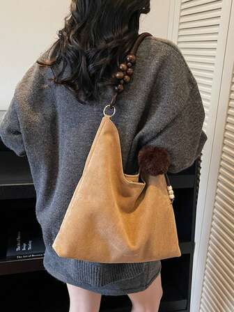 2025 Autumn/Winter New Large Capacity Women's Tote Bag With Wooden Bead Handle, Casual Versatile Commuter Bag With Wooden Bead And Plush Pendant Decoration