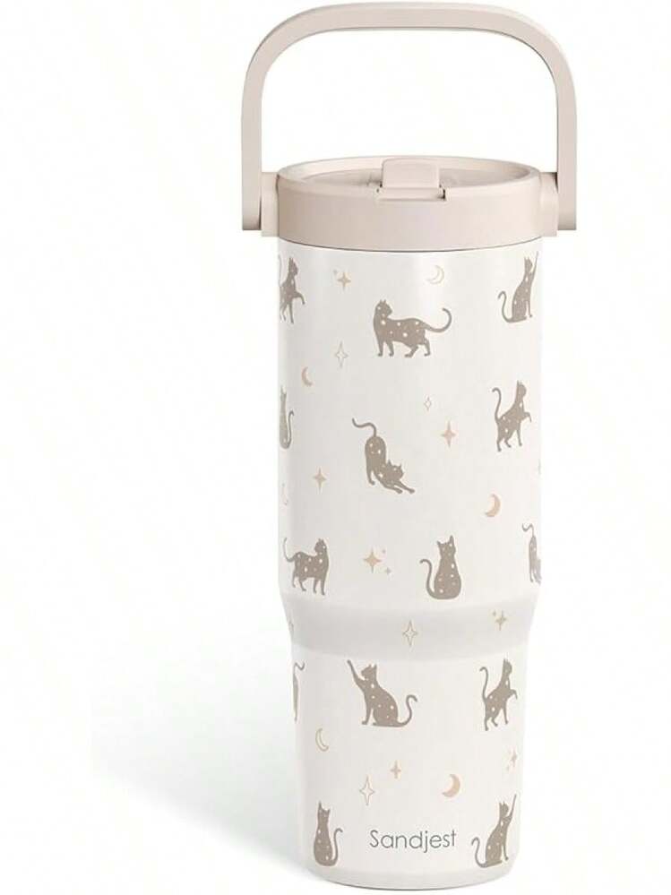 Pink Bow Stainless Steel Straw Lid Tumbler 30oz With Carry Handle For Women Girls, Insulated Travel Coffee Cup, Gift For Sports Outdoor Workout Christmas Birthday - Cat - View 1