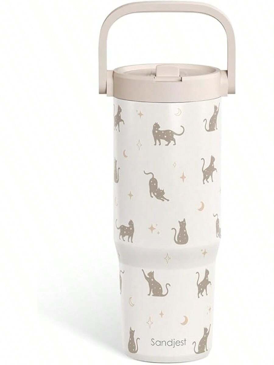 Pink Bow Stainless Steel Straw Lid Tumbler 30oz With Carry Handle For Women Girls, Insulated Travel Coffee Cup, Gift For Sports Outdoor Workout Christmas Birthday - Cat - 查看 1