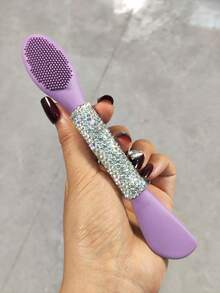 1个双头面膜涂抹刷，闪亮水钻装饰，DIY泥面膜涂抹工具，便携式旅行面部按摩清洁刷，创意礼品 - 銀色 - 查看 9