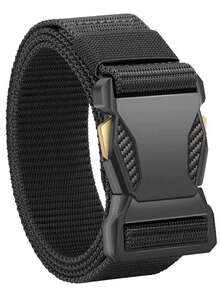 2 piezas/1 pieza Cinturón de lona para hombres con hebilla de liberación rápida, cinturón táctico para pantalones casuales y deportes al aire libre, regalo de cumpleaños ideal para hombres, ajuste regular, color negro, hebilla de plástico, talla grande, material de lona resistente, unicolor casual